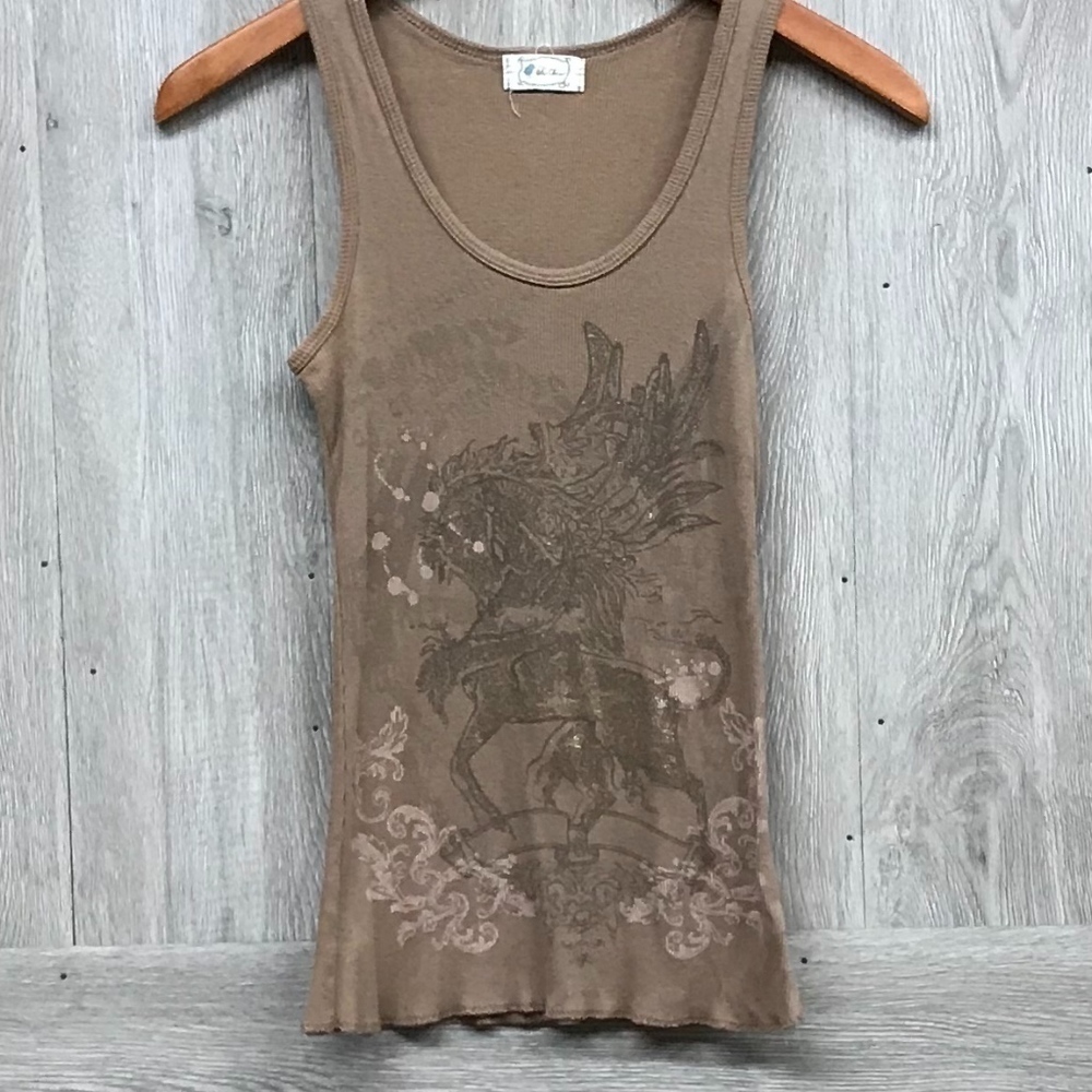 Graphic Sleeveless Pegasus Tan Ribbed Tank BB15